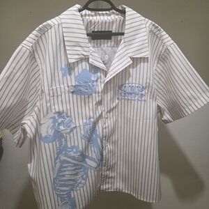 Striped White and Blue Graphic Men's Shirt
